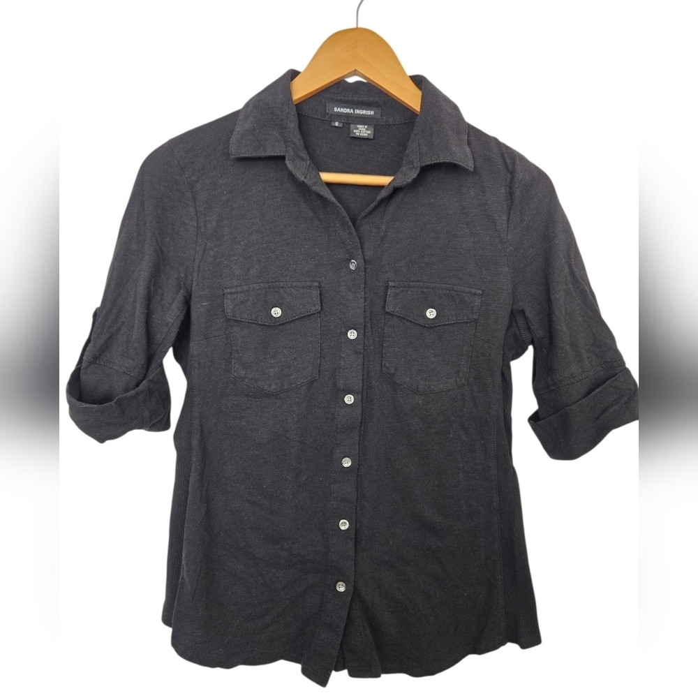 Sandra Ingrish Black Button Up Blouse Size Small Cotton Workwear Minimalist